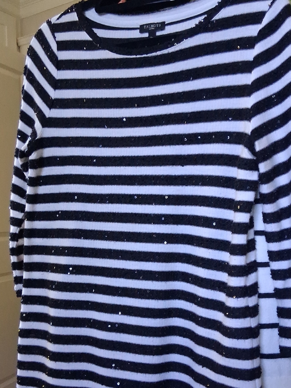 3 FOR 15!! Talbots Black and White Striped Sequin Crewneck 3/4 Sleeve Sweater Sp